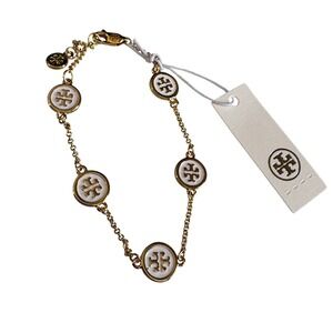 Tory Burch Kira Enamel Station Bracelet Gold White Logo Charms 8 Inch NEW